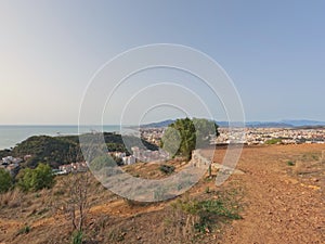 Malaga old town and historical city center panoramic view with Sierra de Mijas mountain range from Monte Victoria, Spain, Europe