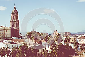 Malaga, Spain cityscape at the Cathedral, City Hall and Alcazaba citadel of Malaga.