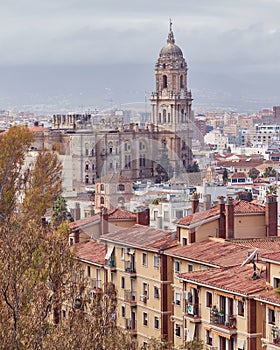 Malaga, Spain. Cityscape Elevated View. Cathedral Of Malaga