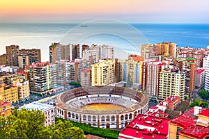 Malaga, Spain dawn skyline towards the Mediterranean Sea