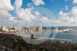 Malaga, tiltshift view of the port and the seafront promenade strip