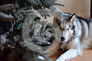 malamute next to a toppled christmas tree, looking caught