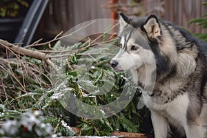 malamute next to a toppled christmas tree, looking caught