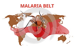 Malaria belt conceptual illustration. The mosquito is sucking blood from the blood stain on the world map