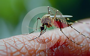 Malaria Infected Mosquito suck blood on skin. Leishmaniasis, Encephalitis, Yellow Fever, Dengue, Malaria Disease, Mayaro