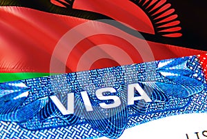 Malawi Visa. Travel to Malawi focusing on word VISA, 3D rendering. Malawi immigrate concept with visa in passport. Malawi tourism