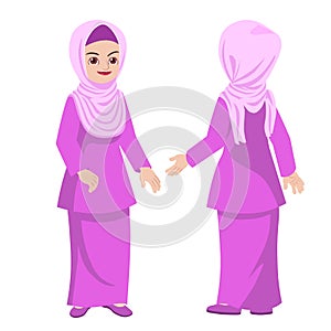 Malay hijab woman in standing poses front and back view