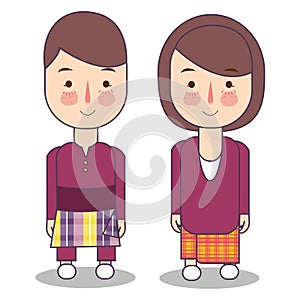 Malaysia bride and groom cartoon wedding. traditional national clothes. Set of cartoon characters in traditional costume