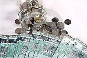 Malaysia Currency MYR: Stack of Ringgit Malaysia bank note.