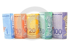 Malaysia currency one,five,ten,fifty and hundred ringgit