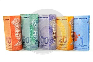 Malaysia currency one,five,ten,fifty and hundred ringgit