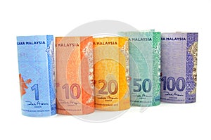 Malaysia currency one,five,ten,fifty and hundred ringgit