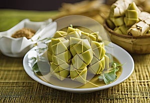 Malaysia Daun known Raya It Pulut traditional food Ketupat Mubarak bowl eat Hari Ketupat also Eid celebration called yellow Palas