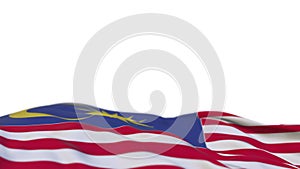 Malaysia fabric flag waving on the wind loop. Malaysian embroidery stiched cloth banner swaying on the breeze. Half-filled white