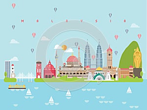 Malaysia Famous Landmarks Infographic Templates for Traveling Minimal Style and Icon, Symbol Set Vector.