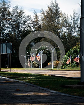 Malaysia flags known as Jalur Gemilang waving on the street due to the Independence Day celebration or Merdeka Day