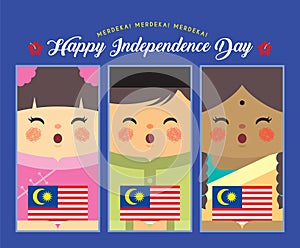 Malaysia Independence Day -  cartoon Malay, Indian & Chinese holding Malaysia flag