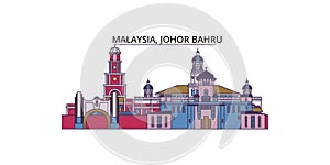 Malaysia, Johor Bahru tourism landmarks, vector city travel illustration