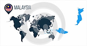 Malaysia map located on a world map with flag and map pointer or pin. Infographic map. Vector illustration isolated on white