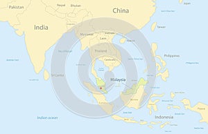 Malaysia map with neighboring states and names, classic maps design