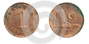 Malaysia one  sen coin on a white isolated background