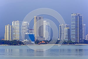 Malaysia, Penang, Pulau Pinang, Georgetown, City skyline and coast