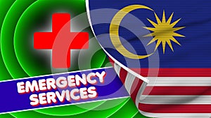 Malaysia Realistic Flag with Emergency Services Title Fabric Texture 3D Illustration