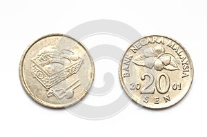 A Malaysia twenty cent coin