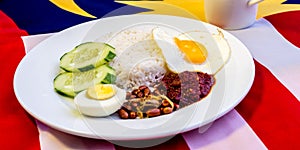 Malaysian Breakfast - Nasi Lemak and Teh Tarik on Malaysia Flag.