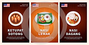 Malaysian cuisine, traditional food, national dishes on a wooden table. Ketupat Sotong, Nasi Lemak, Nasi Dagang.