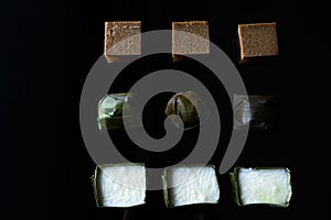 Malaysian food. chocolate jelly, kuih koci, and kuih tepung pelita