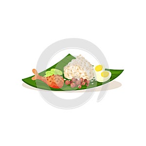 Malaysian nasi lemak on green leaf. Rice with boiled egg, chicken leg sliced cucumber and peanuts. Flat vector design