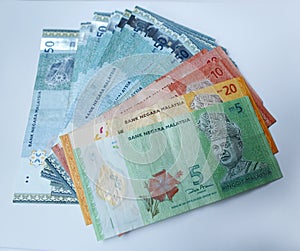 Malaysian ringgit currency on white background