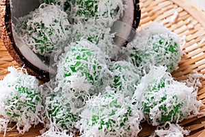 Malaysian traditional cake Ondeh Ondeh or Kelepon for Indonesian. Malaysia, glutinous rice ball, palm sugar, grated coconut