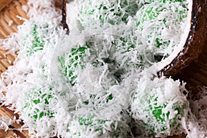 Malaysian traditional cake Ondeh Ondeh or Kelepon for Indonesian. Malaysia, glutinous rice ball, palm sugar, grated coconut