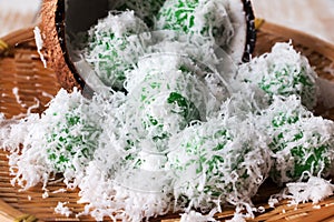 Malaysian traditional cake Ondeh Ondeh or Kelepon for Indonesian. Malaysia, glutinous rice ball, palm sugar, grated coconut