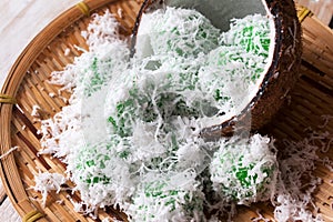 Malaysian traditional cake Ondeh Ondeh or Kelepon for Indonesian. Malaysia, glutinous rice ball, palm sugar, grated coconut