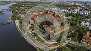 Malbork a powerful Teutonic castle over the Nogat from a bird`s eye view