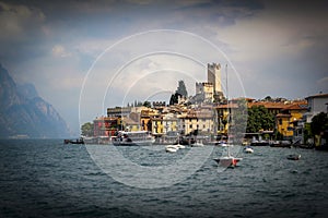 Lake Garda Italy boats, Malcesine Castle and old town