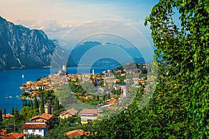 Malcesine resort and lake Garda view from the hill, Italy