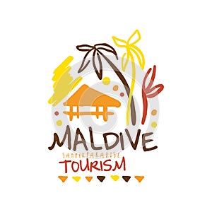 Maldive summer paradise tourism logo template hand drawn vector Illustration