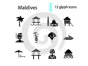 Maldives attributes glyph icons set. Jet ski and diving. Water bungalow, palm. Isolated vector stock illustration