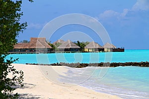 Maldives beach and bungalows.