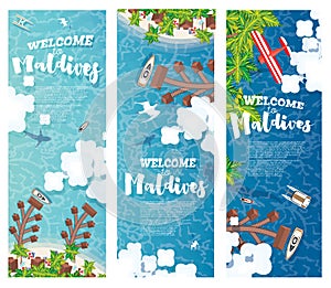 Maldives Beach on Island. Vertical Banners Set