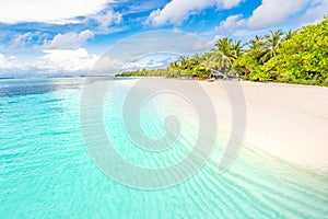 Maldives beach landscape. Beautiful tropical view, palm trees and calm blue sea. Summer landscape, travel and vacation concept