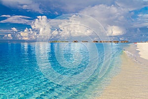 Maldives island beach background. Vacation and holiday with palm trees and tropical island beach