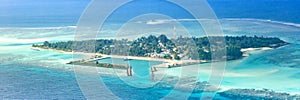 Maldives islands vacation paradise Mathiveri Island panoramic view sea Ari Atoll aerial photo