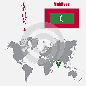 Maldives map on a world map with flag and map pointer. Vector illustration