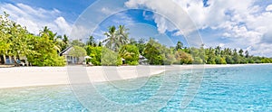 Maldives paradise beach. Beautiful palm trees and tropical beach. Moody blue sky and blue lagoon. Luxury vacation summer holiday photo