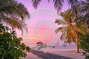 Maldives resort island in sunset with wooden pier, amazing colorful sky. Perfect sunset beach